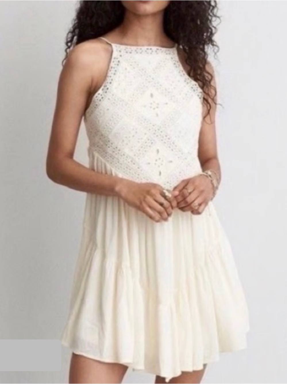American Eagle Boho Crochet Lace Halter Babydoll Mini Dress Cream Ivory Sz S
